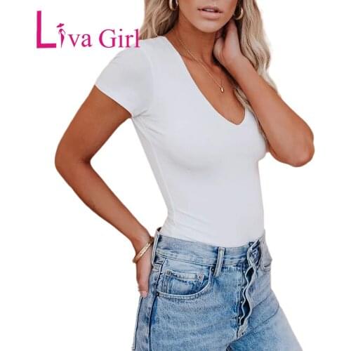 LIVA GIRL Summer Skin-Friendly Nude Sexy Deep V-Neck Woman T-Shirt Bodysuit Female White/Black Slim Bodycon Jumpsuit 2021 S-XL