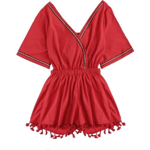 Playsuits for women 2020 Fashion Women Beach Holiday Boho Patchwork Tassel V-Neck Sleeveless Short Pants Tassel Jumpsuit 10Apr 3