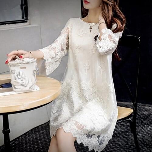 2021 New Spring Korean A-line Lace Embroidery Ladies Base Dress White Hollow Mesh Round Neck 3/4 Flared Sleeve Womens Mini Dress