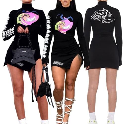 Sexy High Slit Mini Black Dress Women Long Sleeve Turtleneck Dress Fashion Printed Dress Womens Summer Spring Clothing 2021