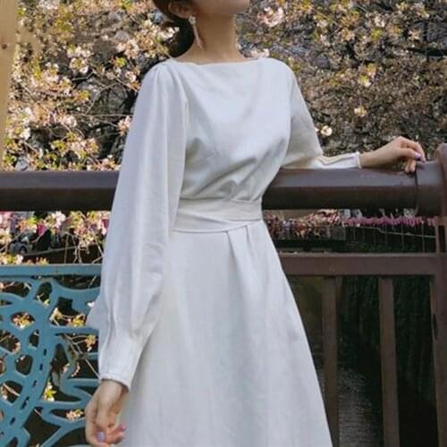 Elegant White Womens Dresses Cross Lace Up Long Sleeve Slash Neck High Waist Female OL Style Dress 2021 New Spring Autumn