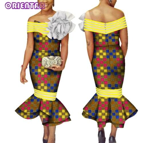 African Dresses for Women Sexy Off Shoulder Maxi Dress Party Elegant Lady Slash Neck Mid-calf Dresses Flower Decoration WY033