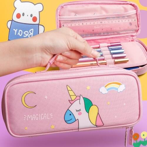 Storage Case Pencil Bag School Supplies Canvas Handle Pen Holder Pink Unicorn Stationery Pouch Large Capacity Gift Box for Girls