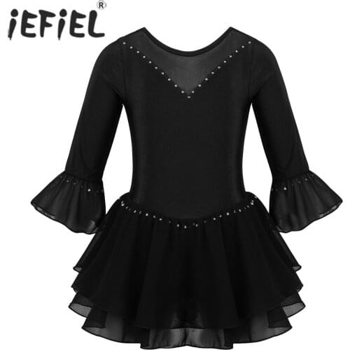 Kids Girls Shiny Flare Sleeves Splice Rhinestone Figure Ice Skating Dress Roller Skating Ballerina Dance Costumes Leotard Dress