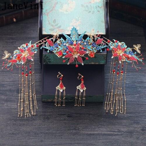JaneVini Elegant Chinese Bridal Blue Phoenix Hairpin with Earrings Ancient Bride Headwear Beads Wedding Jewelry Hair Accessories