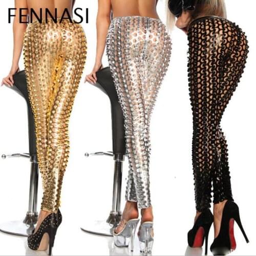 FENNASI Fashion Hollow out Womens Leggings Women Gothic Punk Rock Metal Bright Pierced Scales Hole Pants Shiny Sexy Leggings
