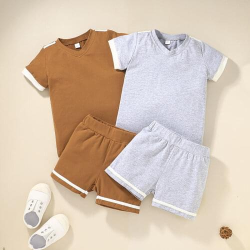 Kids boys summer clothes set short sleeve v-neck T-shirt+shorts 2pcs toddler infant outfit children 2021 baby suit gray 1-5Y