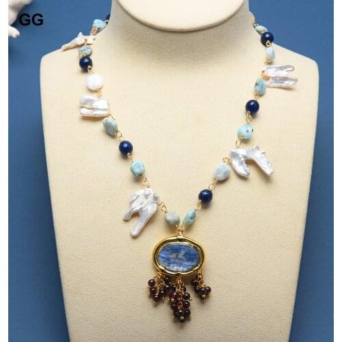 GuaiGuai Jewelry 17'' Natural White Keshi Pearl Larimars Apatite Necklace Blue Kyanites Garnet Pendant Necklace