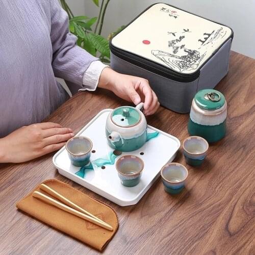 Chinese Tea Set Portable Travel Set Ceramic Teapot Teaset Gaiwan Kung Fu Tea Tea Cup Tea Pot &Travel Bag Tea Caddy Coffee Pot