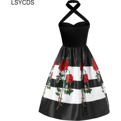 LSYCDS Vintage Halter Neck Dress Black and White Colorblock Women Floral Print Vintage Pleated Party Backless Dresses