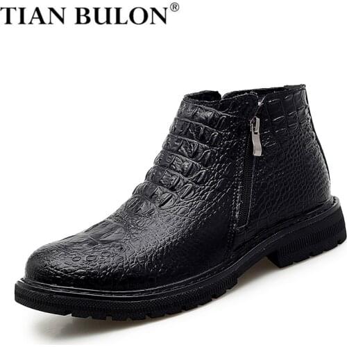 Business Mens Boots Leather High Quality Autumn Winter Warm Fur Snow Boots Crocodile Pattern Men Ankle Boots Men Platform Boots