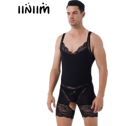 Mens Male Lace Apparel Lingerie Teddies Patchwork Crotchless Open Butt Bodysuit Sleeveless Bodyshaper Sissy Nightwear Underwear