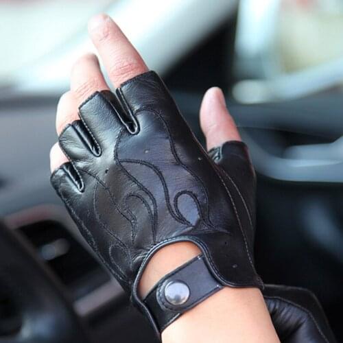 Genuine Leather Semi-Finger Gloves Man Imported Sheepskin Driving Unlined Half Fingers Mittens Anti-Slip Breathable Male M047N4