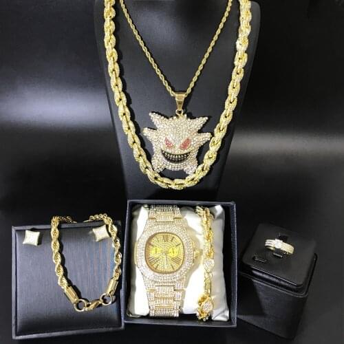 Men Gold Luxury Watch Hip Hop Men Necklcae Men Watch & Necklace & Braclete & Ring & Earrings Combo Set Ice Out Cuban Chain