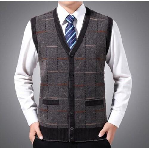 Middle-aged men vest Pocket knitted wool cardigan clothing autumn winter slim male sleeveless vests men clothes B327