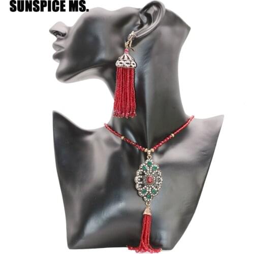 SUNSPICE MS Indian Bridal Wedding Jewelry Sets African Women Red Bead Charm Necklace Turkish Dangle Earring Ethnic Bijoux Femme