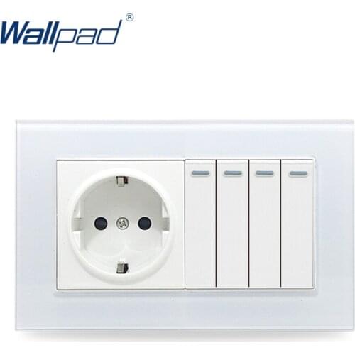 4 Gang Switch and EU Socket Wallpad Glass Panel 110V-250V 146*86mm Wall Socket with 4 Gangs 2 Way Push Button Rocker Wall Switch