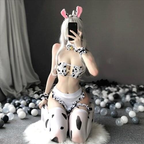 Anime Maid Lingerie Square Cup Mini Bra G-string Apron Headband Stockings Bikini Womens Erotic Milk Cow Cosplay Costume