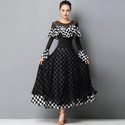 New Ballroom Dance Costumes Women Long Sleeve Blue/Black Plaid Dress Professional Modern Standard Dance Stage Clothing DQL4595