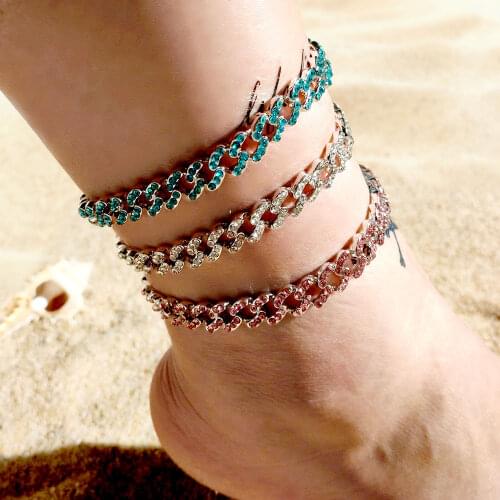 New Iced Out Cuban Anklet Bracelet Rhinestone Hip hop Jewelry for Women Blue Pink Crystal Foot Chain Summer Beach Anklet Jewelry