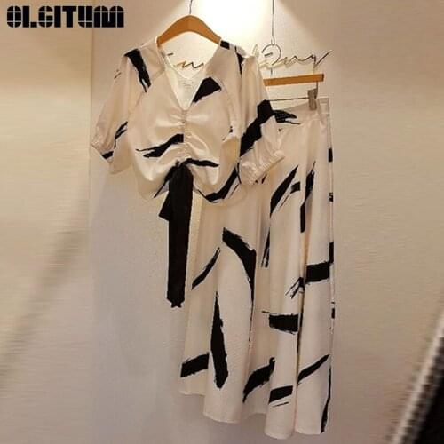 OLGITUM New Skirt Set Summer Women Korean V-neck Elegant Fashion Ink Printing Top Long A-line Skirt Suit Two Pieces Set WS153