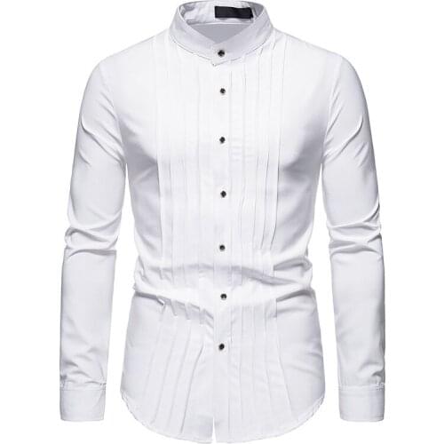 PARKLEES 2021 Autumn Henley Shirts for Men Bridegroom Wedding Formal Slim Fit Long Sleeve Shirt Pleats Tuxedo Vintage Clothes