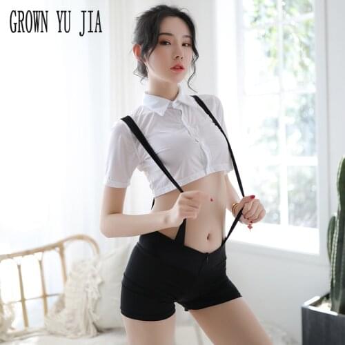 Sexy Women Nightclub White Straps Secretary Uniform Outfit Cosplay Sex Zipper Crotch Schoolgirl Clothes Open Crotch Lingerie Set