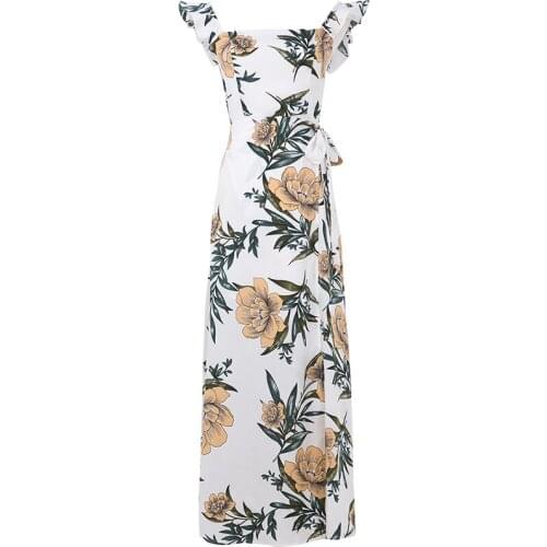 PERHAPS U White Print Floral Flower Sash Ruffle Strap Sleeveless Backless Hollow Out Split Maxi Long Dress Summer Beach D0375