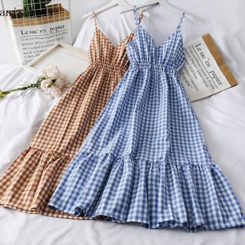 Elastic High Waist Plaid Dress Summer Women Sweet Folds V Neck Spaghetti Strap Dresses Female Sleeveless Ruffles Long Vestidos