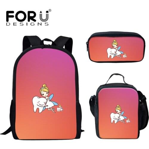 FORUDESIGNS Hot Style Student Backpack 3Pcs Set Cartoon Nurse Tooth Pattern Print School Bags for Teen Girls Casual Campus Bags