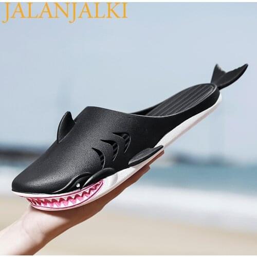 JALANJALKI Summer Women Slippers Outdoor Beach Anti-slip Men Shoes Novelty Shark Print Quick-dry Femal Slides Unisex PVC Sandals