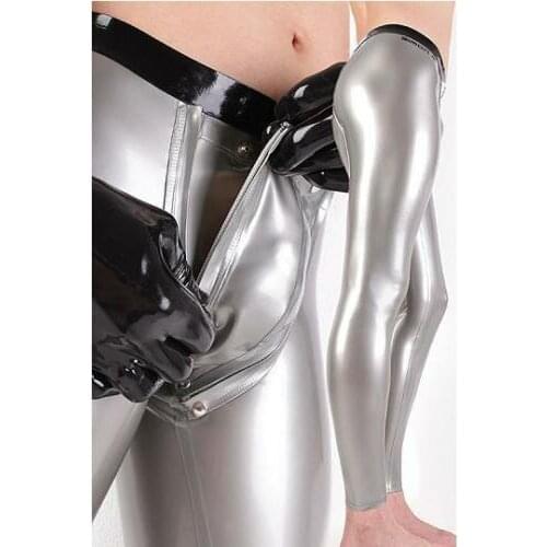 Handmade Silver Mans Latex Trousers leggings Pants with Codpiece Crotch Hole Zip Customize