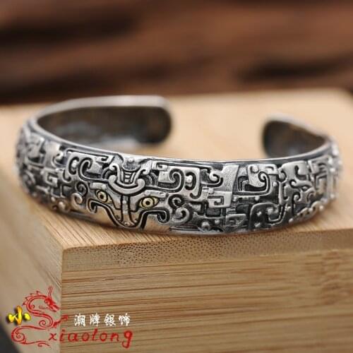 S925 silver vintage personality do old Thai silver god beast gluttonous opening adjustment bracelet domineering