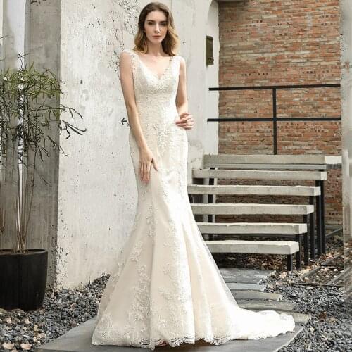 V Neck Wedding Dresses Light Champagne lace Applique Mermaid Ivory Lace Bride Trailing Vestido De Noiva #45398