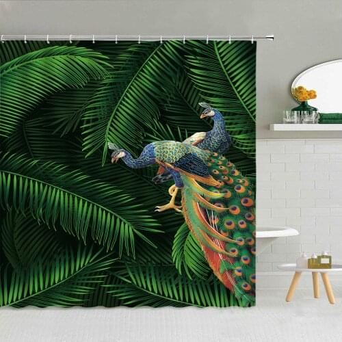 Tropical Green Plant Printed Shower Curtain Turtle Pine Leaf Peacocks Bathroom Decor Screen Waterproof Fabric Hooks Curtains Set