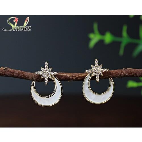 Unique Moon And Star Stud Earrings For Women Charm Pendant Koreean Fashion Jewelry Wholesale Zircon S925 Pin High Quality