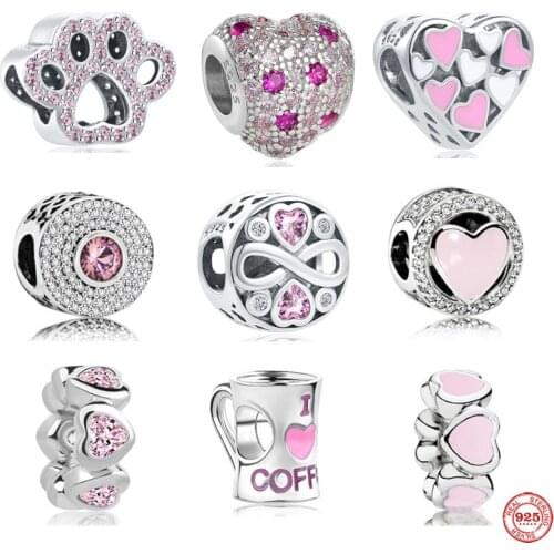 925 Sterling Silver pink i love coffee ribbon heart spacer clover DIY fine beads Fit Original Pandora Charm Bracelet Jewelry