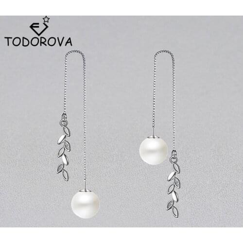 Todorova Long Tassel Leaf Earrings for Women Cubic Zircon Simulated Pearl Ear Line Chain Korean Jewelry