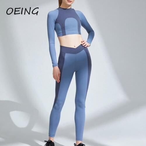 Womens Yoga 2 Piece Crop Top Sets Patchwork Gym Clothes Workout Tights Long Sleeve Leggings Set