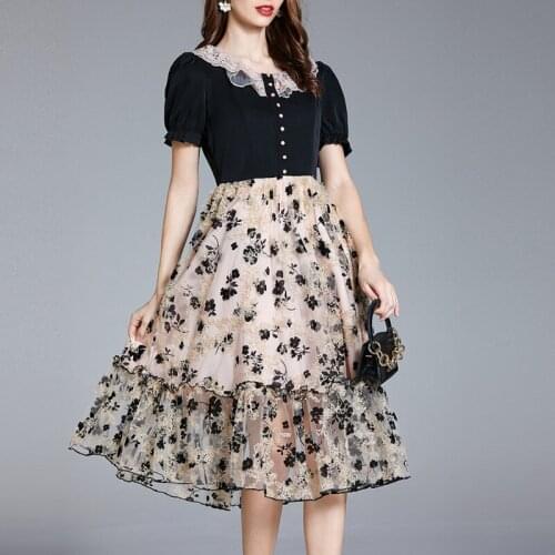 Luxuriy Embroidery Patchwork Mesh O Collar Puff Sleeve Dress Women Elegant High Waist Sweet Buttons Decorate Gown Party Vestidos