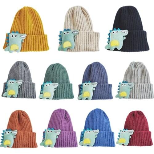 Winter Cartoon Dinosaur Toddler Kids Baby Beanie Hat Stuffed Toy Ribbed Knit Solid Color Cuffed Skull Ear Warmer