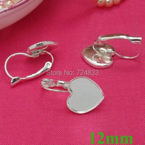 12mm New Silver Plated Brass Blank Bases Heart Bezel cups Cabochon French Clip Hook Earrings Settings DIY Findings Wholesale