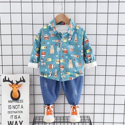 Autumn Spring Baby Boy Fashion Cartoon Clothing Set Kid Suits Full Printe Shirt Jeans 2pcs/Set Children Clothes 1 2 3 4 5 Years
