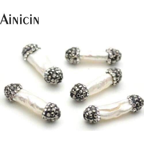 20pcs Natural Freshwater Pearl Rhinestone Crystal Paved Cylinder Strip Shape Beads For Jewelry Making Findings