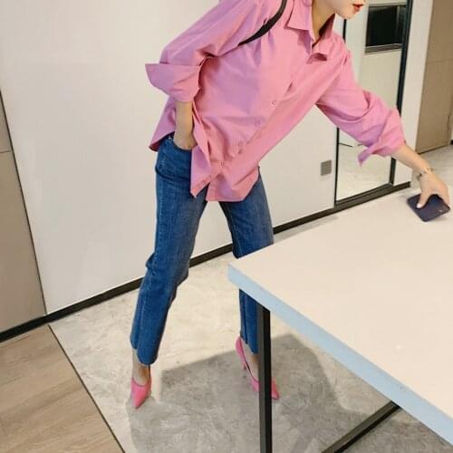 2021 Spring Autumn Women Pink Cotton Basic Shirts Blouses Casual Plain Oversized Female Top Tunic Boho Korean Clothing Plus Size