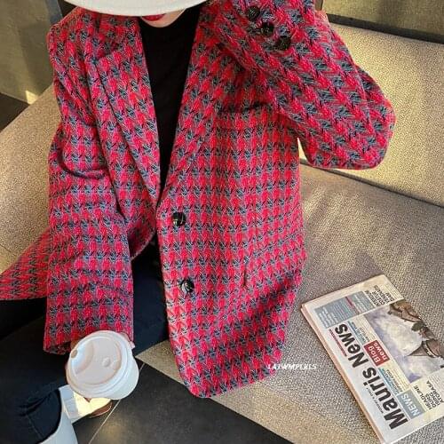 2021 Winter Autumn New Design Korean houndstooth Wool Suit Red Retro loose Blazer women jacket