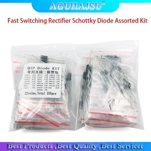 255PCS 1N4001 1N4004 1N4007 1N5408 UF4007 FR307 1N5819 1N5822 6A10 10A10 Fast Switching Rectifier Schottky Diode Assorted Kit
