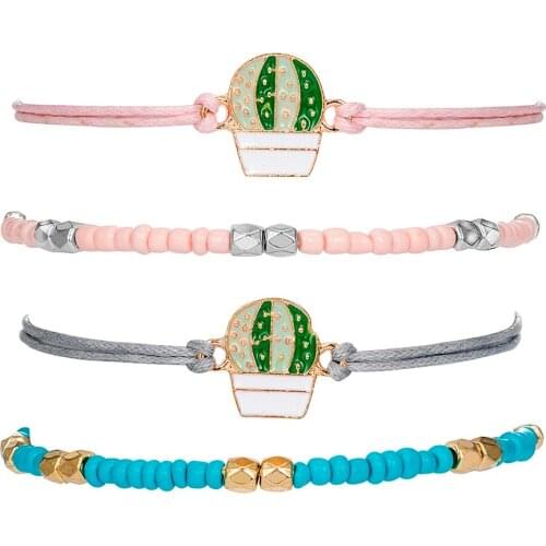 4pcs/set New Cartoon Cute Metal Cactus Rope Chain Charm Bracelet For Women Bohemian Jewelry Statement Beaded Anklet Bangle Gift
