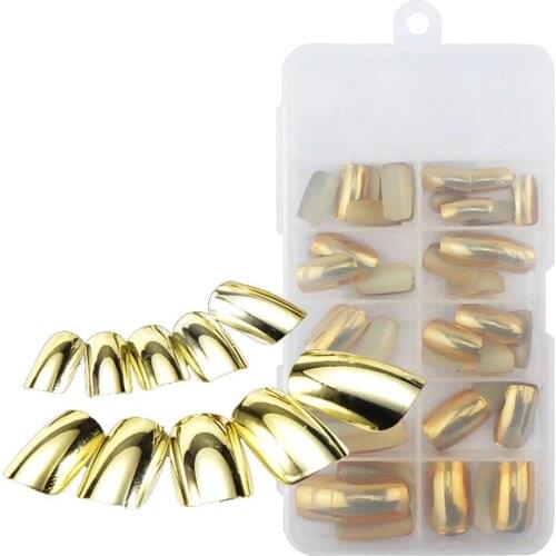 70Pcs 10 Sizes Acrylic UV Gel False French Nail Fake Nail Art Design Wrap Tips Metallic Shiny Gold Packed Box