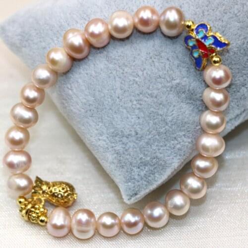 8-9mm natural orange freshwater pearl beads strand bracelets for weddings party gifts women cloisonne diy jewelry 7.5inch B2978